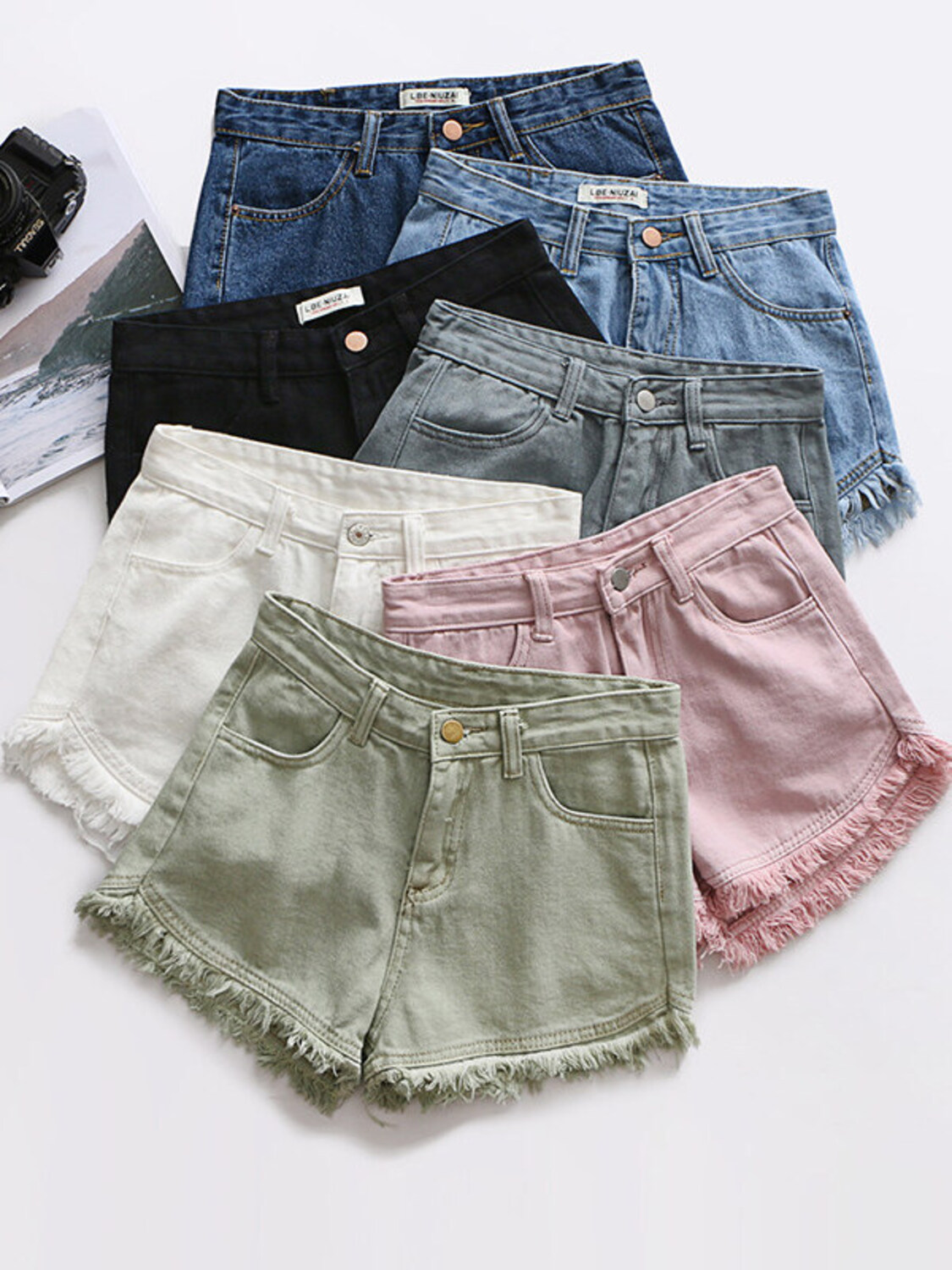 شورت جينز نسائي بخصر مرتفع بتص - مراجعة Shorts Denim Frayed وسعره